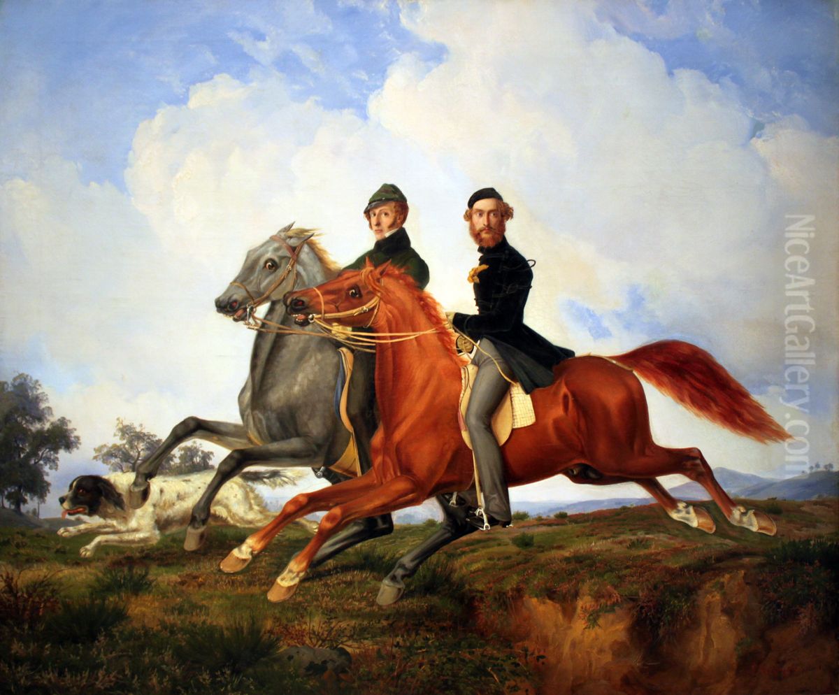Two Galloping Riders Oil Painting by Franz Kruger