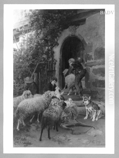 Sheep at a door-way Oil Painting by Heinrich Johann Von Zugel