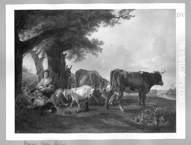 landscape with shepherdess and cattle Oil Painting by Jean-Louis de Marne