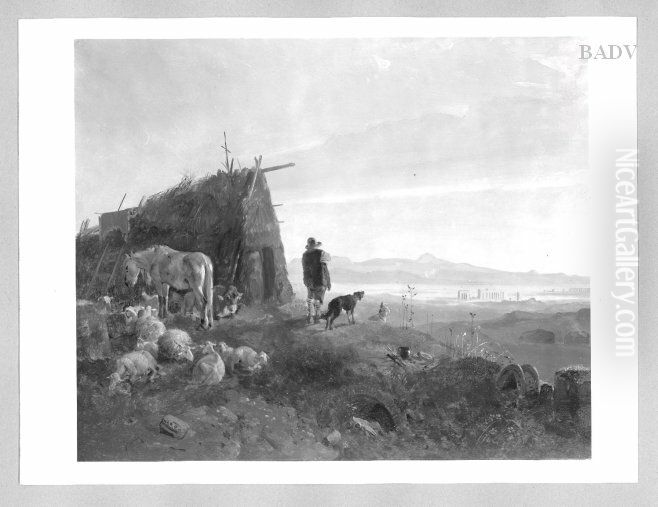 Shepherd in the Campagna (?) Oil Painting by Heinrich Burkel