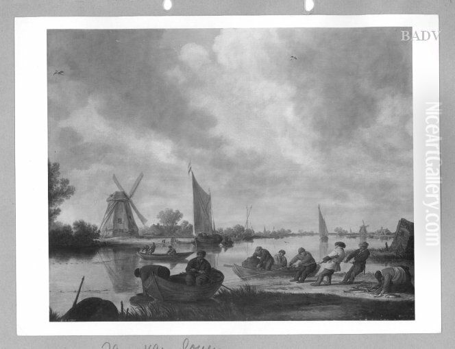 Beim Fischfang, Fluss mit Fischerbooten und Windmuhlen (Flusslandschaft mit Fischern) (Fischer bei der Arbeit) Oil Painting by Jan van Goyen