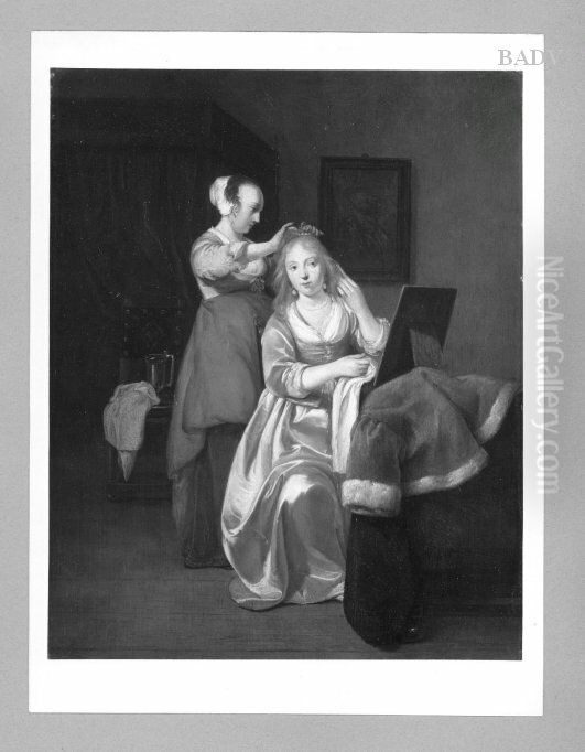 Zwei Frauen bei der Toilette (Dame mit Magd) Oil Painting by Jacob Ochtervelt