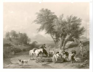 Landschaft mit Reiter und zwei Pferde an der Tranke