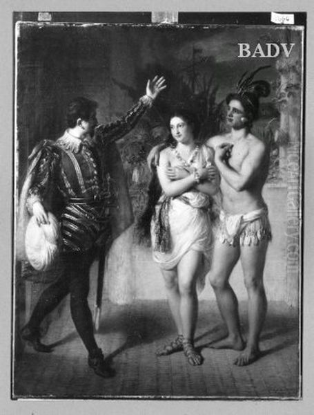 Theater scene ? Gentleman in 16. c. dress + exotic couple Oil Painting by Johann Baptist Reiter