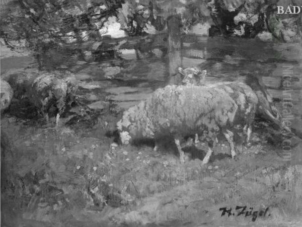 Sheep Oil Painting by Heinrich Johann Von Zugel