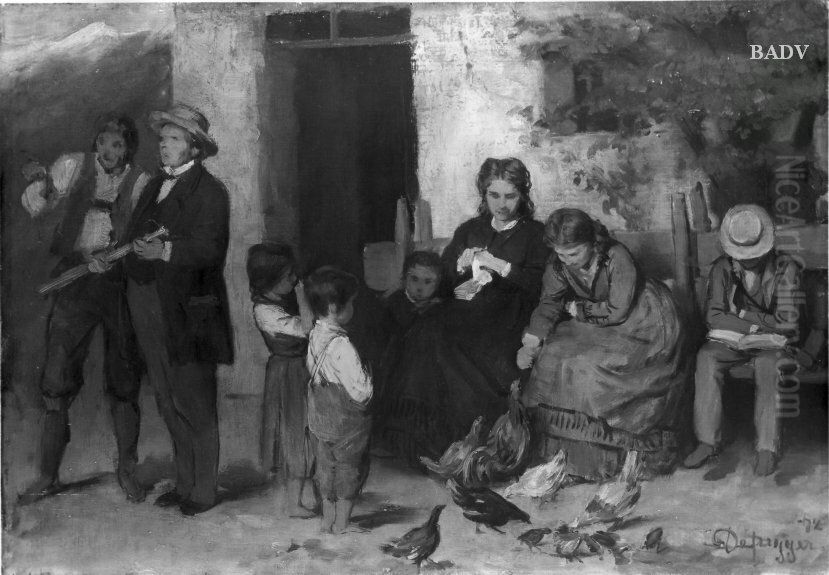 Family scene in front of the house Oil Painting by Franz Defregger