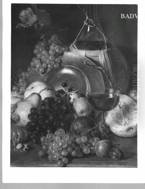 Stillleben mit Weinflasche, Zinnteller und Fruchten Oil Painting by Eduard Von Grutzner