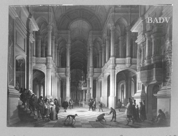 Church interior by candlelight, with figures Oil Painting by Anthonie De Lorme
