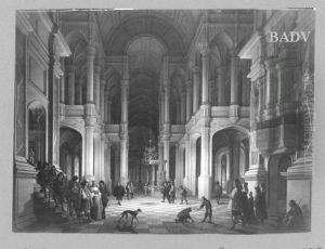 Church interior by candlelight, with figures