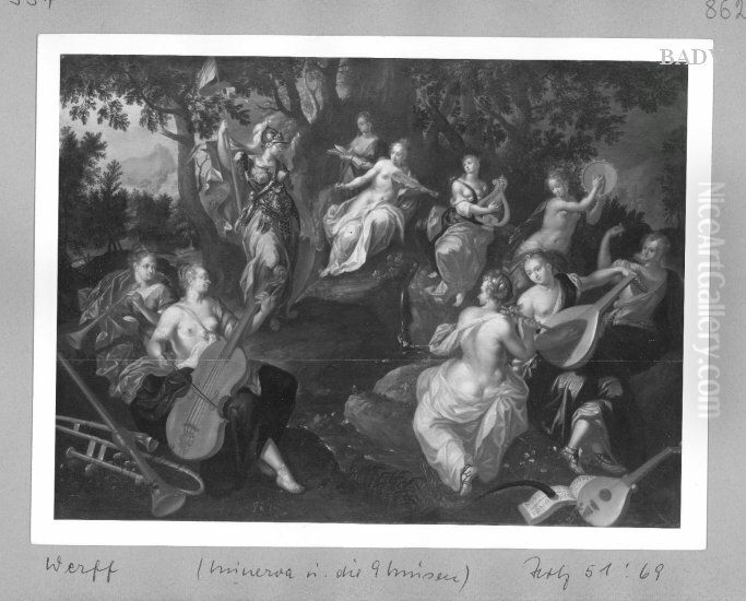 Standing woman with casquet (Athene?) and female figure playing music in scenery Oil Painting by Adriaen Van Der Werff