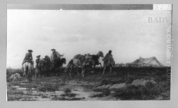 landscape four Cossacks with their horses Oil Painting by Adolf Schreyer