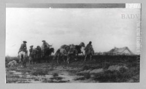 landscape four Cossacks with their horses