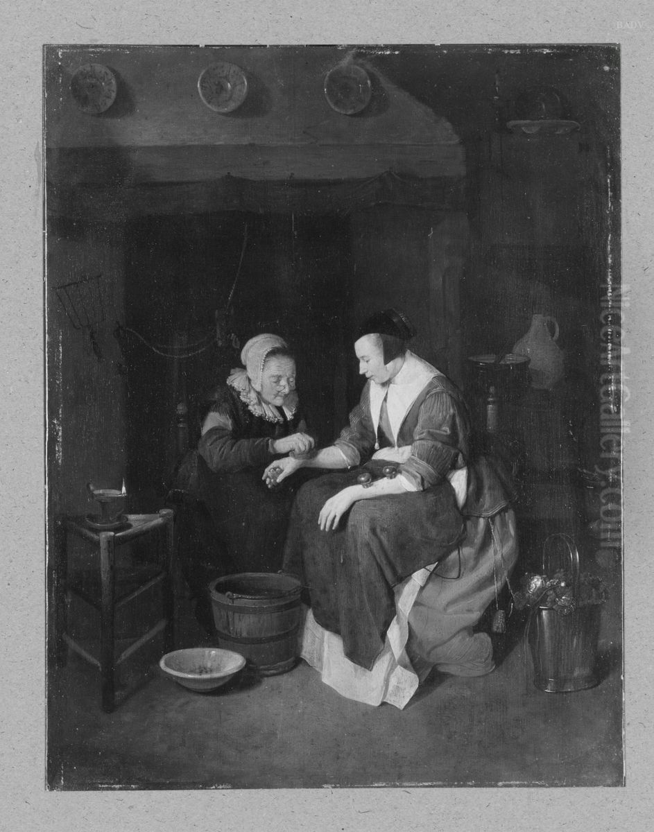 Die Schopfkopfe, zwei Frauen sitzend Oil Painting by Quirijn van Brekelenkam