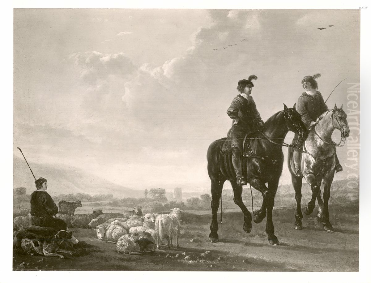 landscape with 2 riders + shepherd Oil Painting by Aelbert Cuyp