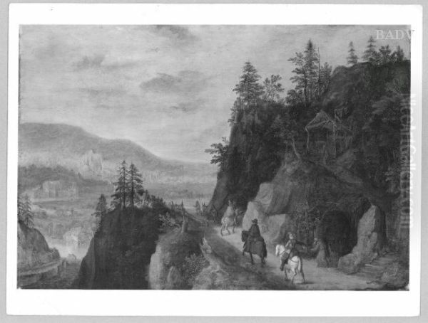 Bergstrasse mit Einsiedelei und Reiter (Berglandschaft mit Einsiedelei) Oil Painting by Joos de Momper the Younger