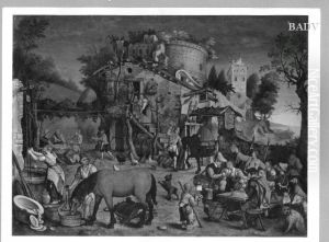 Wirtshausszene in Emmaus im Hintergrund