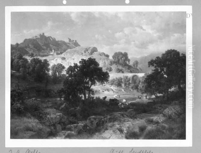 Sudliche Landschaft mit Brucke und Kuhen Oil Painting by Johann Gottfried Steffan