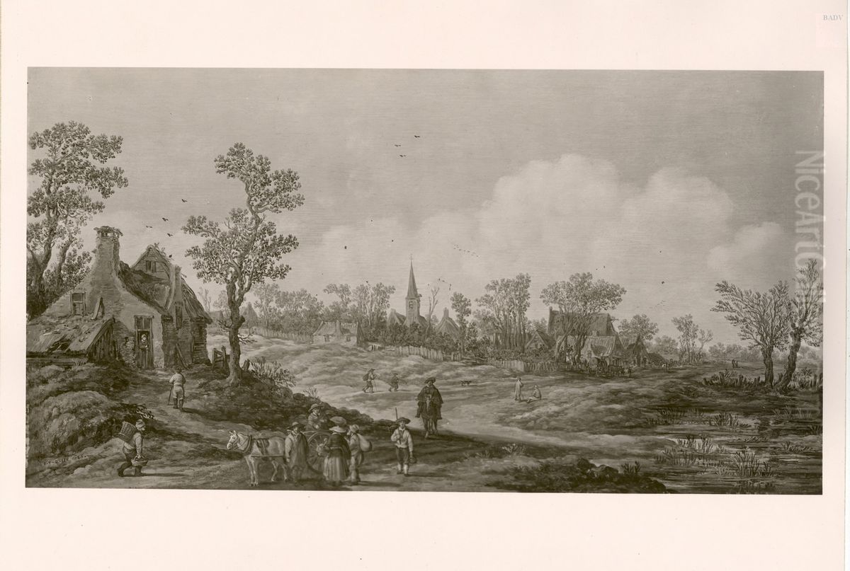 Bauernhauser am Fluss mit Steg und Staffage Oil Painting by Pieter de Bloot