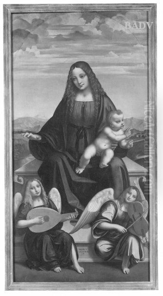 Anbetung, Triptychon, drei Teile, Madonna, Johannes, Paulus Oil Painting by Marco D'Oggiono