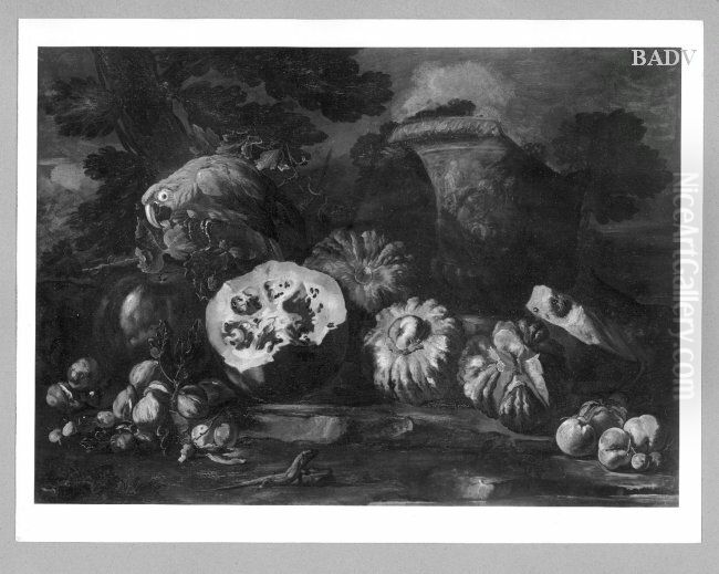 Stillleben mit Melonen, Papagei und Fruchten Oil Painting by Giovanni Francesco Barbieri
