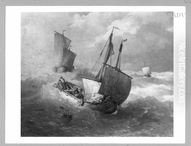 stormy sea with sailing-boats Oil Painting by Andreas Achenbach