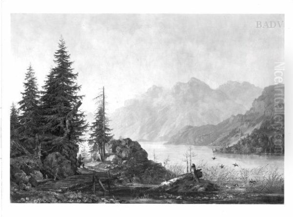 Gebirgssee mit Entenjagd Oil Painting by Heinrich Burkel