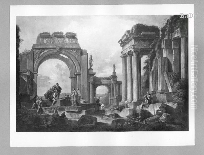 Monumental ruins with figures Oil Painting by Giovanni Paolo Panini
