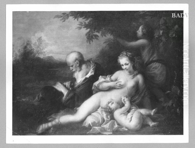 Lying naked woman, putto, dressed woman and old man (