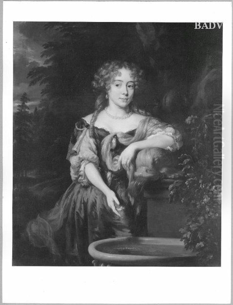 Bildnis einer Dame in Rot am Brunnen (von Ruitenburg) Oil Painting by Nicolaes Maes