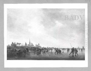 Schlittschuhlaufer und Schlitten auf dem Eise (bei Dordrecht)