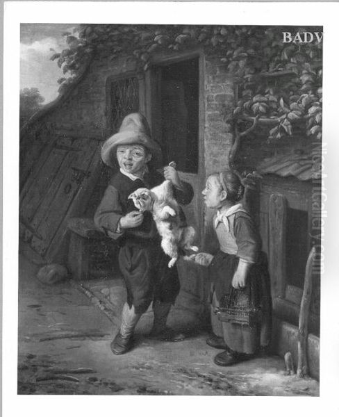 teasing the cat Oil Painting by Cornelis Dusart