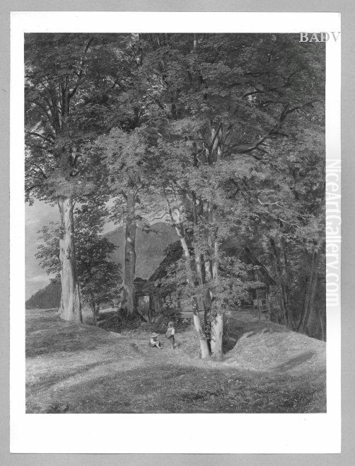 Haus unter Baumen und zwei Kinder (Ahorn bei Ischl) Oil Painting by Ferdinand Georg Waldmuller