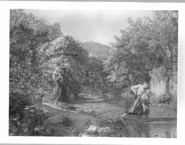Peasant woman crosing a creek in a ravine Oil Painting by Ferdinand Georg Waldmuller