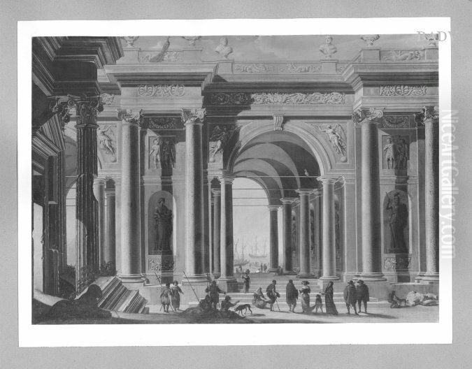 Palast architektur mit Figuren, Durchblick aufs Meer Oil Painting by Niccolo Codazzi Palast architektur mit Figuren, Durchblick aufs Meer Oil Painting by Niccolo Codazzi