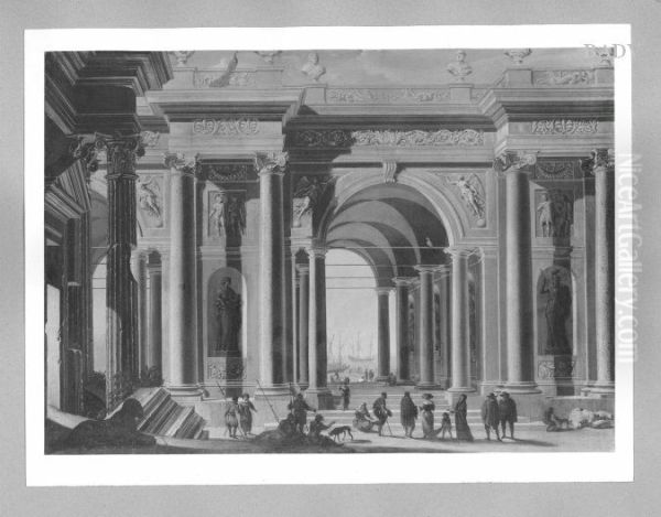 Palast architektur mit Figuren, Durchblick aufs Meer Oil Painting by Niccolo Codazzi