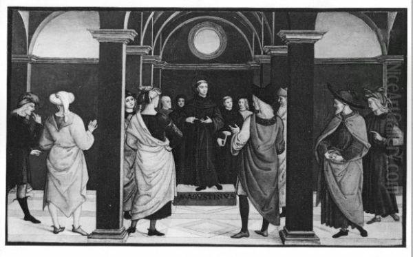 St. Augustinus as pater speaking to twelve men Oil Painting by Raphael
