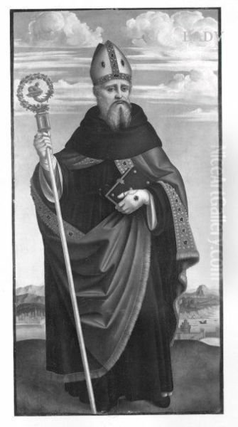 Holy bishop with landscape Oil Painting by Marco D'Oggiono