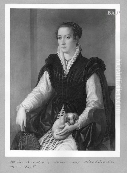 Bildnis einer Dame mit Schosshundchen und Facher Oil Painting by Giovanni Battista Moroni