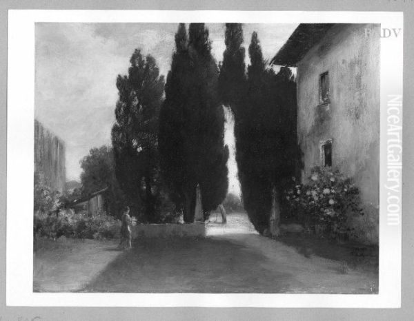 Italienischer Garten mit Zypressen, Villa und weiblicher Gestalt Oil Painting by Friedrich August von Kaulbach