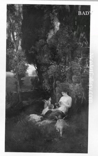 Girl with puttos in landscape Oil Painting by Friedrich August von Kaulbach