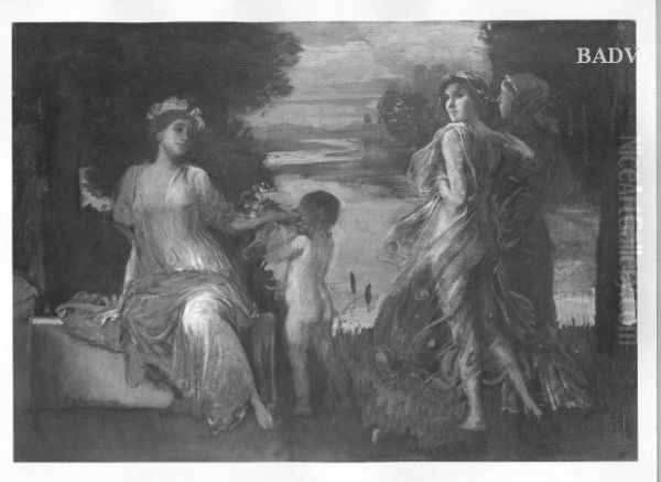 Drei Frauengestalten und Kind am Flussufer Oil Painting by Friedrich August von Kaulbach