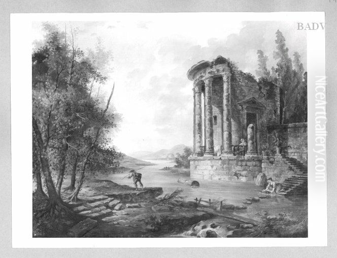 Landscape a river with the ruin of a temple Oil Painting by Hubert Robert