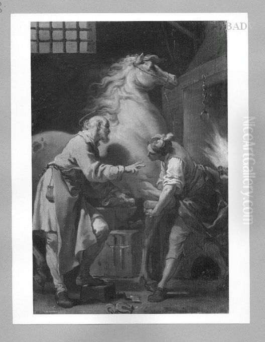 Old man with ...., youth, horse, farrier (interior) (....= unleserlich) Oil Painting by Gaetano Gandolfi