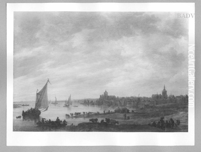 Stadt am Fluss mit Segelschiffen und Staffage Oil Painting by Jan van Goyen