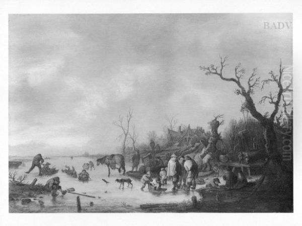 Eislandschaft mit Bauern und Kindern Oil Painting by Isaac Van Ostade