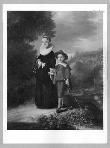 portrait of a lady and a boy Oil Painting by Govert Flinck