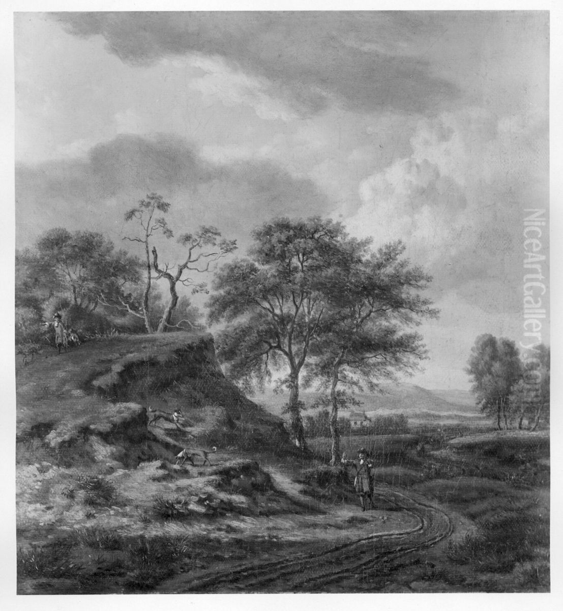 Hilly Landscape with Hunters and Hounds Oil Painting by Jan Wijnants