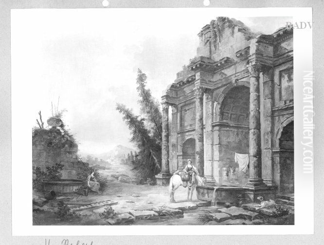 Landschaft mit Ruine eines Triumphbogens und Staffage Oil Painting by Hubert Robert