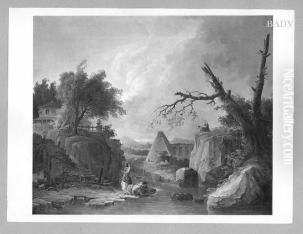 Felsige Flusslandschaft mit Pyramide und Wassertragerin Oil Painting by Hubert Robert