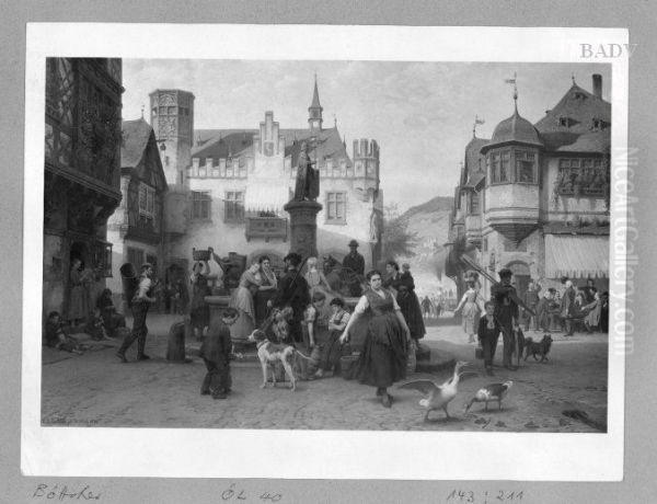 Scenes in the market-place of a town at the Rhine Oil Painting by Christian Eduard Boettcher
